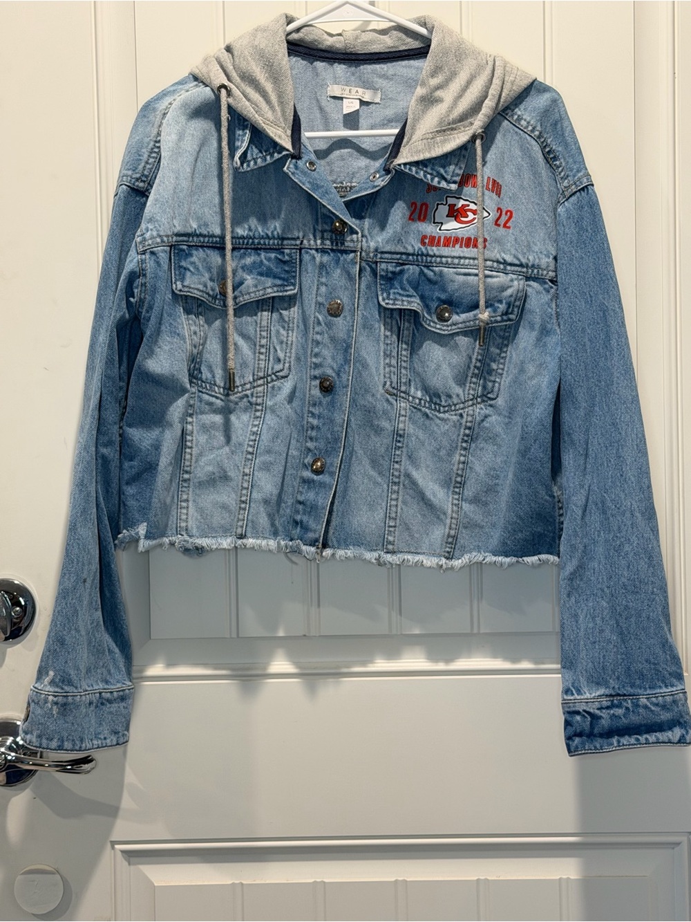 Kansas City Chiefs 2022 Super Bowl Champions Crop Denim Hooded Jacket